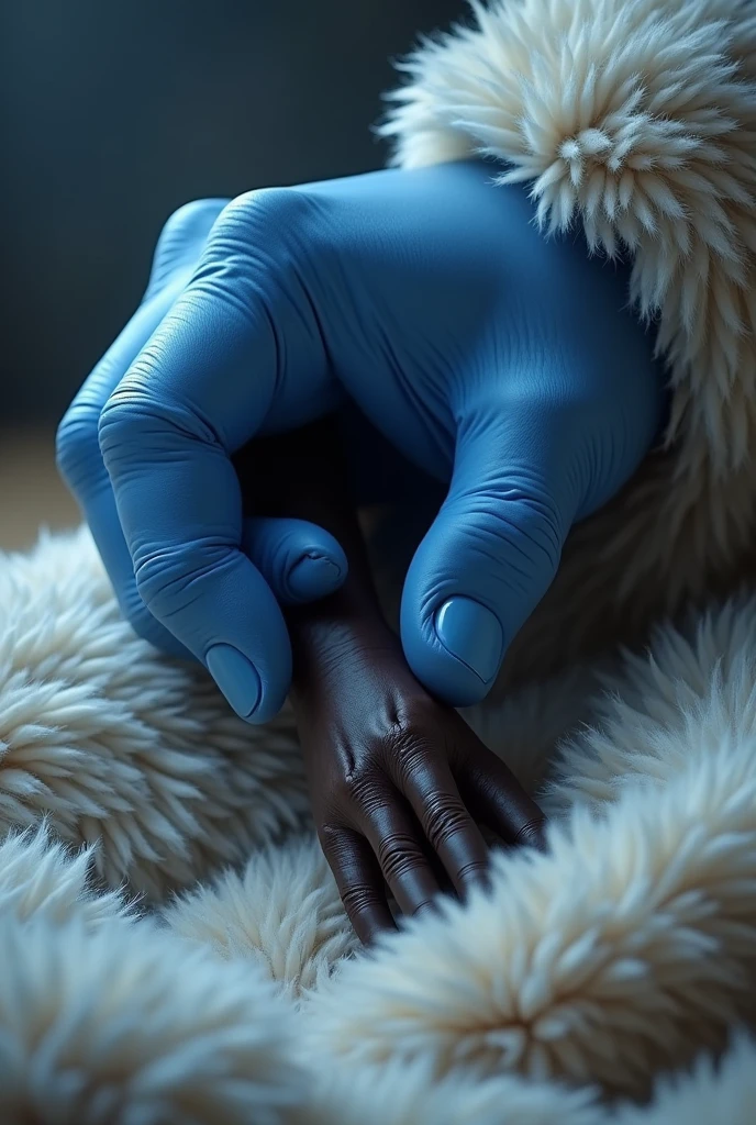 Create a realistic image of a giant blue male hand, holding your fingertips, as if it helped to get up, a small black female hand on a fluffy fur blanket