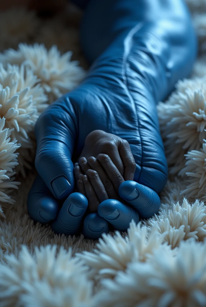 Create a realistic image of a giant blue male hand, holding your fingertips, as if it helped to get up, a small black female hand on a fluffy fur blanket