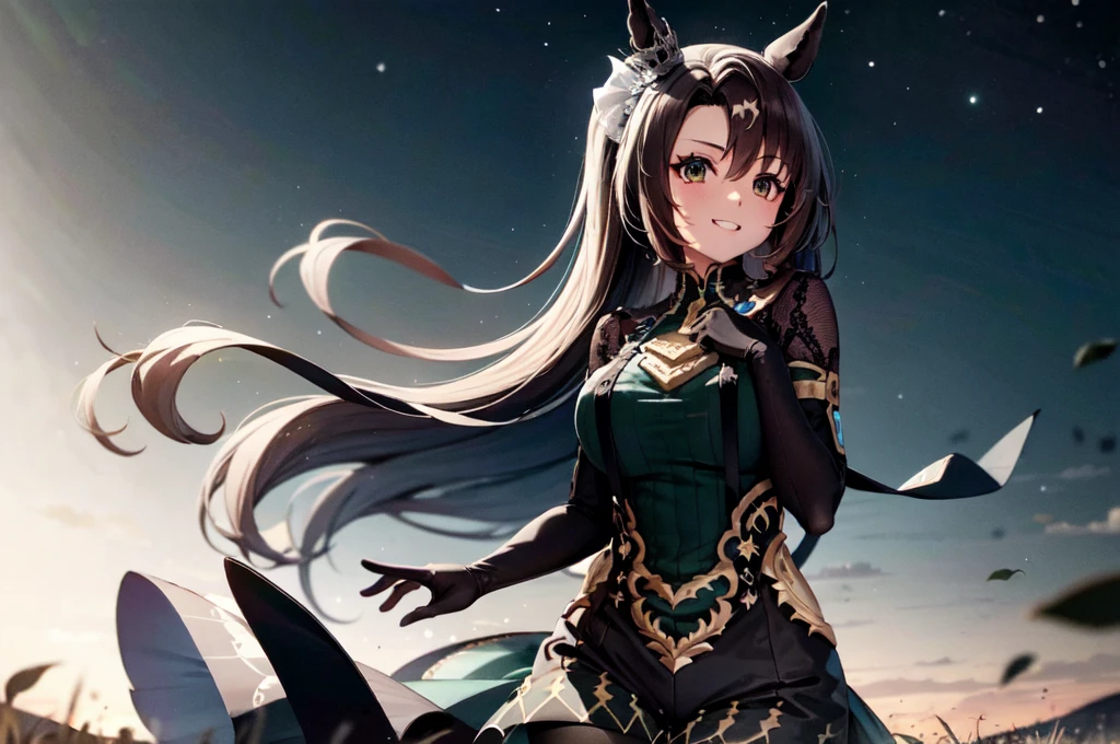 masterpiece、Highest Resolution、Highest quality、Highest quality、anime、sharp塗り、sharp、sharp化、sharp効果、solo。Adult woman with horse ears。Dark green dress、Dark green shoulderless dress。Dark brown shorts、Dark brown pantyhose。Big Cape。Moonlit night starry sky background、breeze、Chest centered。Dark lipstick、Grinning face、Beautiful breasts、Touch your head with your hand。Brown Eyes。Brown Hair、Long Hair、Half Twin、Half Up。hair ornaments。