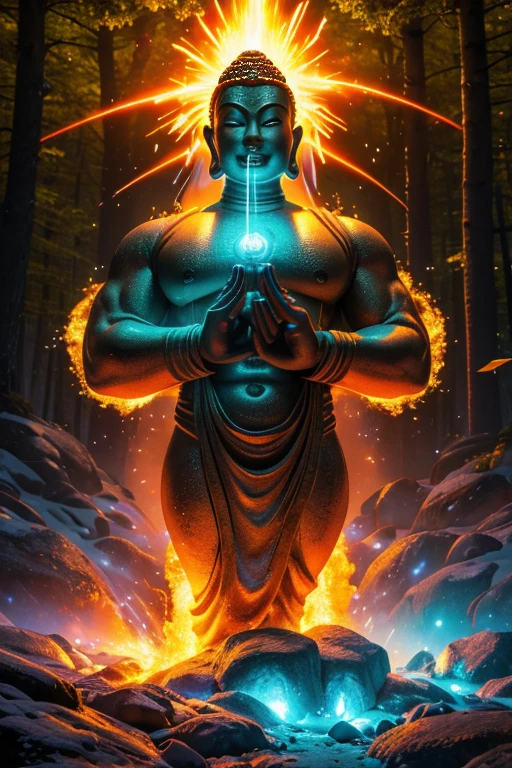 ( perfect anatomy ) a mythical Buddha Statue,, nuclear explosion, nucleaur winter radioactive, ethereal and divine, photorealistic, 8k, hyper detailed, dramatic lighting, vibrant colors, surreal and abstract, nuclear holographic effects, dynamic movement(Open your big glowing jaws), In a forest field, radiation