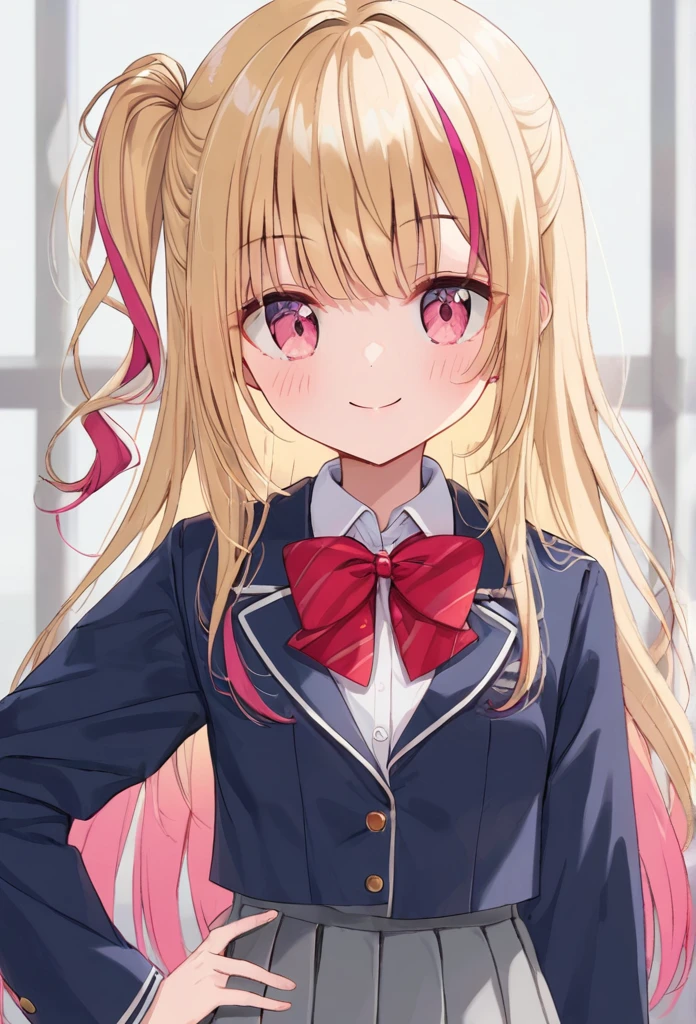 
1girl, solo, bow, jacket, multicolored hair, smile, blonde hair, long hair, shirt, school uniform, blush, bowtie, hand on hip, looking at viewer, collared shirt, skirt, white shirt, blue jacket, red bow, long sleeves, upper body, streaked hair, closed mouth, bangs, pink eyes, grey skirt, one side up, red bowtie