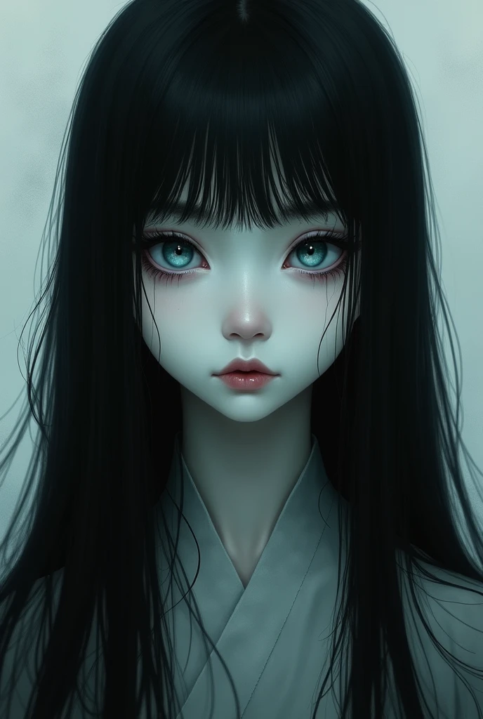 Japanese girl with dead blue eyes and long black hair 