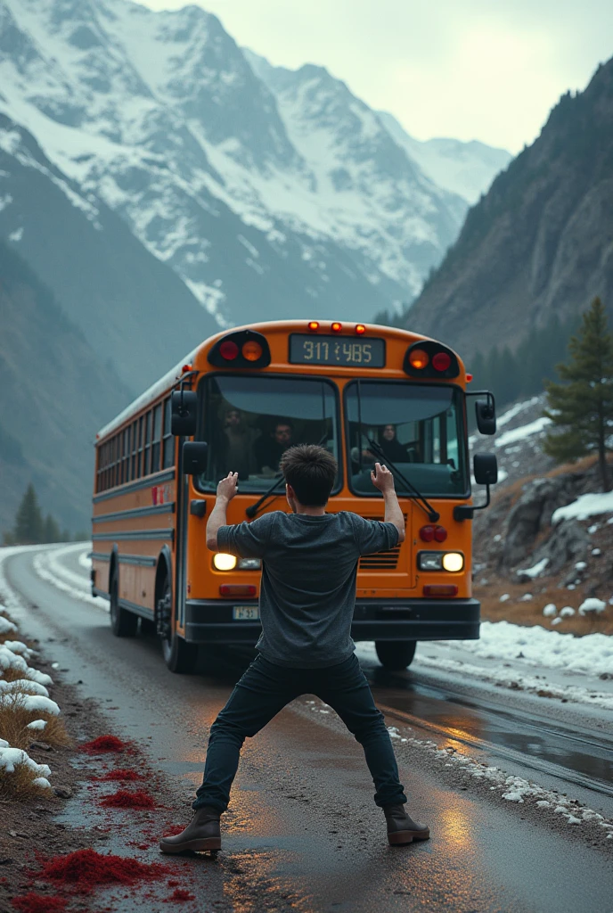 A college student bus attacked by terrorists on a mountain trip, A boy from college bus fighting non stop in front of the bus with some injury on his face and hand where blood is dropping and without any fear with the terrorists alone to save everyone. everyone from the bus seeimg him fearly and praying for him