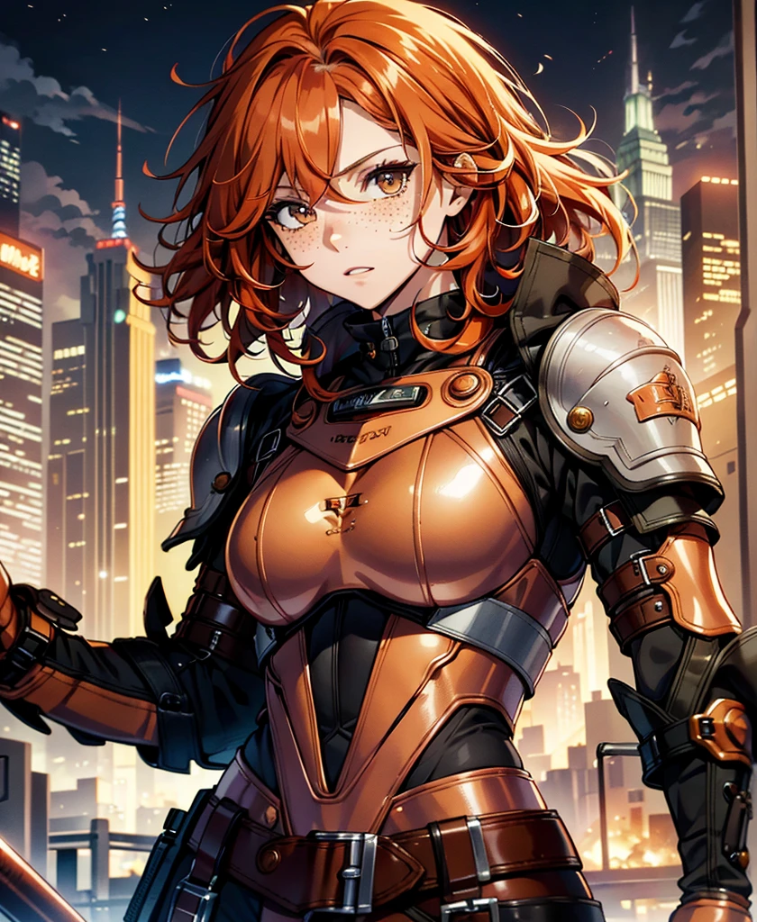 highest quality,T Masterpiece,final solution,Fluffy,Very colorful,colorful,mature woman,copper red hair, curly hair, brown eyes, short hair, freckles, fight combat uniform,tight suit,steel city background,night,normal posture,normal posture
