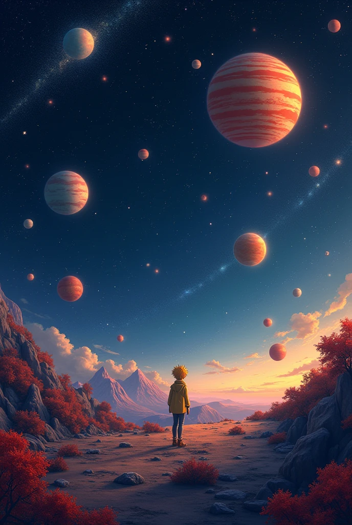 Create a space background image with bright and vibrant colors with small planets space themes (of the book "the little Prince" only the planets and stars and details.