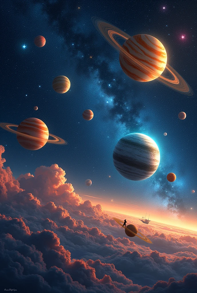Create a space background image with bright and vibrant colors with small planets space themes (of the book "the little Prince" only the planets and stars and details.