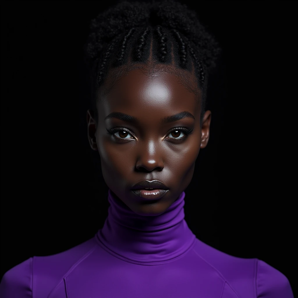 close-up of a woman, dark skin mulatto european appearance, Fractalpunk, curly hair pulled back on top, portrait shot, studio lighting, beautiful android woman, pitchblack skin, She is wearing a purple shirt, Black background