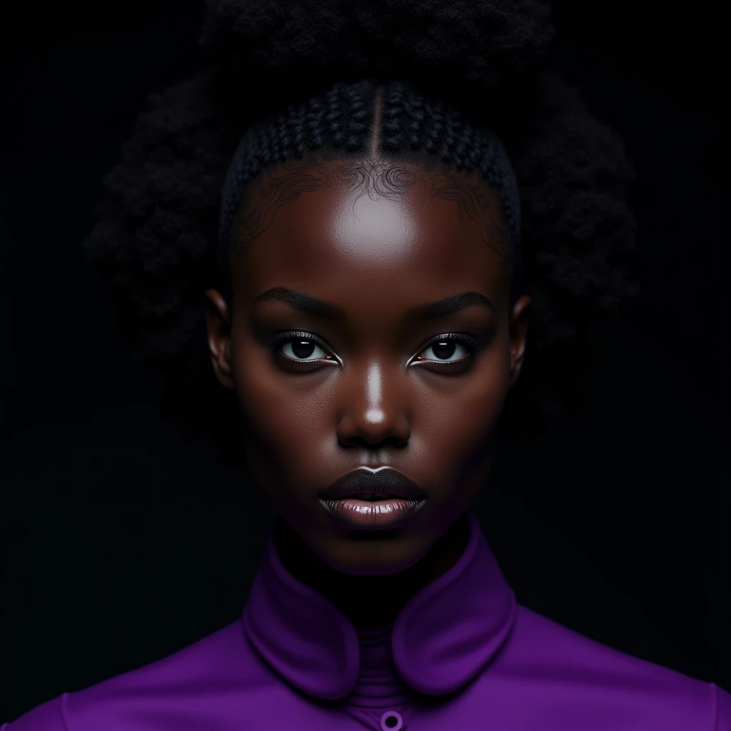 close-up of a woman, dark skin mulatto european appearance, Fractalpunk, curly hair pulled back on top, portrait shot, studio lighting, beautiful android woman, pitchblack skin, She is wearing a purple shirt, Black background
