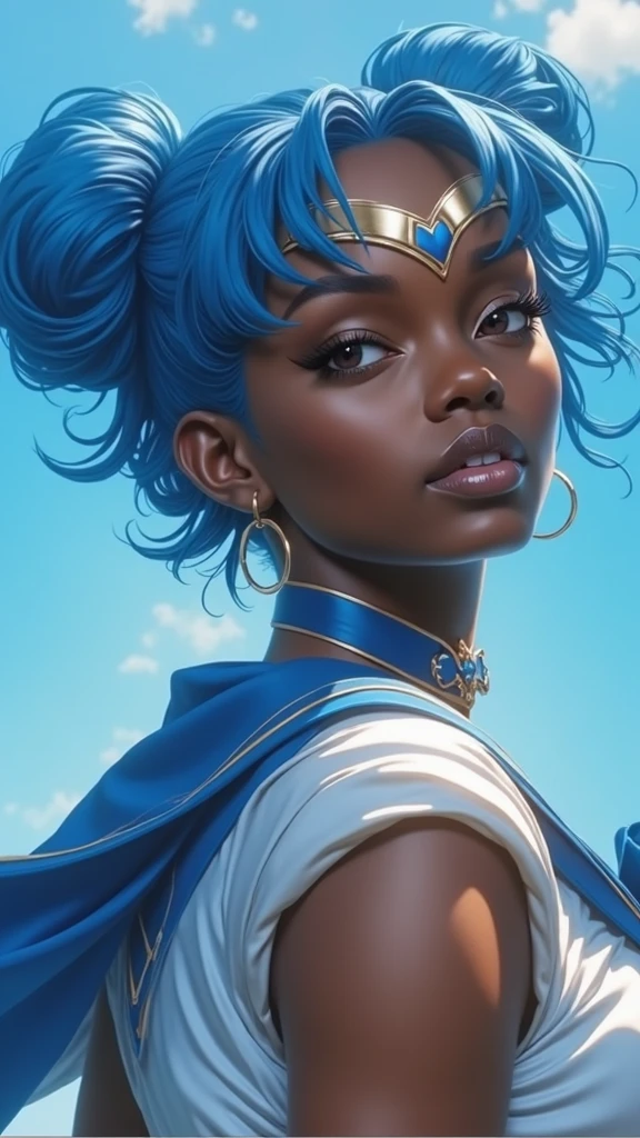 Sailor Mercury  with blue hair and a blue cape on her head, (dark ebony skin:1.4), artgerm jsc, portrait knights of zodiac girl, extremely detailed artgerm, ross tran 8 k, in the style of ross tran, artgerm julie bell beeple, by Ross Tran, ross tran style, alena aenami and artgerm, inspired by Ross Tran, high quality, (RAW photo, best quality), (realistic, photorealistic: 1.4), (extremely delicate and beautiful: 1.4), amazing, fine details, masterpiece, ultra detailed, high resolution, best illustration, best shadow, intricate, ( extremely intricate: 1.2), (exquisitely detailed skin), cinematic light, perfect anatomy, (cool color: 1.4), sharp focus, 8k UHD, DSLR, (Fujifilm XT3),(dark ebony skin:1.4),( iluminación cinematográfica :1.4), ,(Fondo de ruinas de mazmorra en ruinas:1.4 ),( pose americano :1.4), (Sailor Mercury :1.4), (un uniforme con falda de color azul y moños celestes:1.4) .(85mm F/1.4), (distintas extensiones de rostro :1.4), (hermosa mujer belleza una diosa de la naturaleza :1.4), Epic Fantasy Art Style HD, 4K fantasy art, epic fantasy digital art style, epic fantasy art style, Fantasy Woman, epic fantasy art portrait, Epic fantasy style, hyperrealistic fantasy art, hd fantasy art, Epic fantasy character art, epic fantasy art, in style of dark fantasy art, epic fantasy digital art