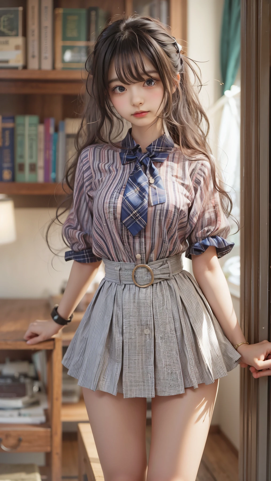 masterpiece , Highest quality , Very detailed , 1 person, ((Contrasting Eyes)) , Are standing , blouse, skirt , bangs , room , indoor