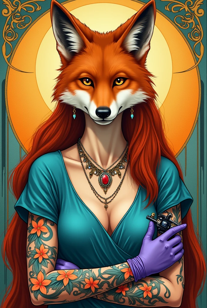 Create an artistic art nouveau image of a female maned wolf wearing a turquoise blue blouse, some necklaces and earrings, with their arms all tattooed with colorful plant tattoos, wearing a pair of purple gloves and holding a tattoo machine in one hand. In the background, somewhere in the image, a sun and arabesques should appear.. The maned wolf should be looking straight ahead as if she were seeing the viewer.