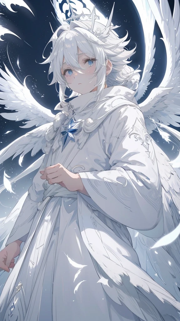 With white hair and white wings、Anime character wearing a white robe, White-haired God, Flowing white robes, White Wings, Big white glowing wings, Gwaiz, White Cape, Cotton Cloud Mage Robe, by Shimo, Feathered Robe, Wearing a loose robe, Detailed Anime Character Art, ((wearing a noble robe)), wearing a haori, long White Cape
