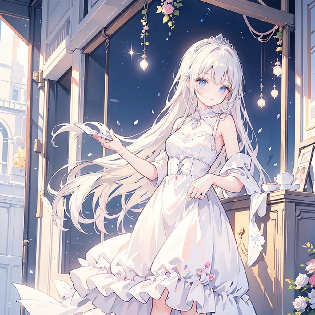 There was a woman in a white dress holding a music box, artwork in the style of Gu Weiss, Gu Weiss on pixiv artstation, Gu Weiss on artstation pixiv, Gu Weiss, Fantasy art style, Gu Weiss masterpiece, Beautiful and elegant queen, Beautiful character painting, Detailed digital anime art, Blonde Princess, White hair, Sky blue eyes, Pink lips