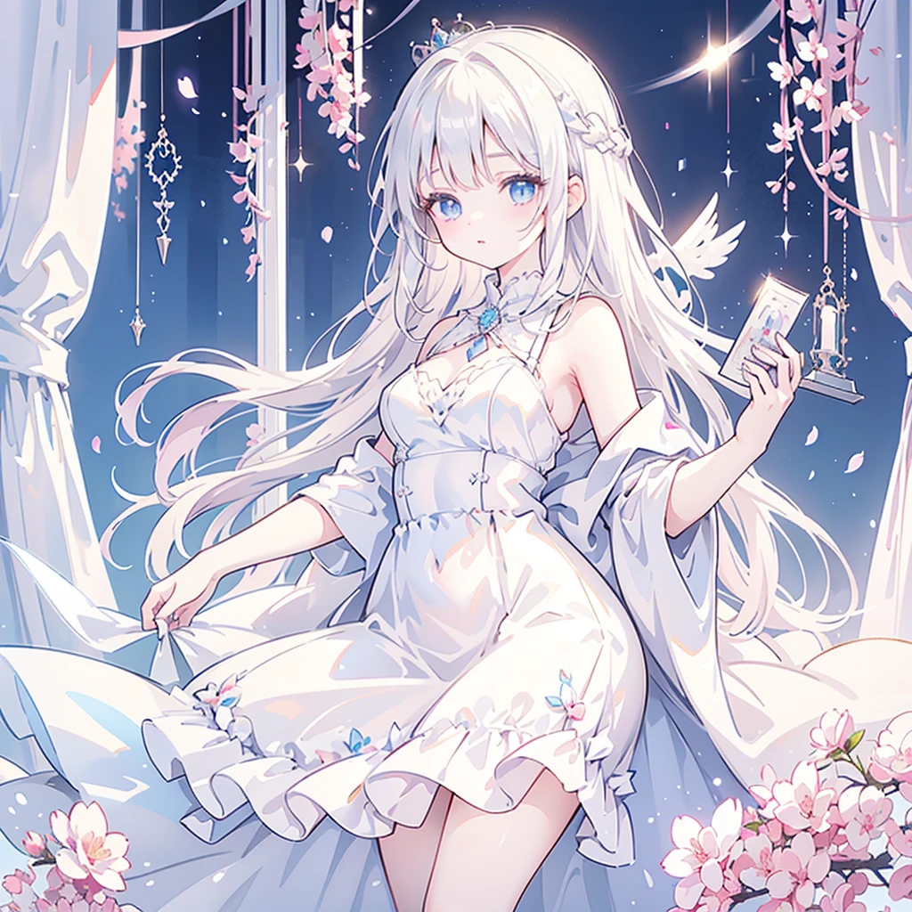 There was a woman in a white dress holding a music box, artwork in the style of Gu Weiss, Gu Weiss on pixiv artstation, Gu Weiss on artstation pixiv, Gu Weiss, Fantasy art style, Gu Weiss masterpiece, Beautiful and elegant queen, Beautiful character painting, Detailed digital anime art, Blonde Princess, White hair, Sky blue eyes, Pink lips