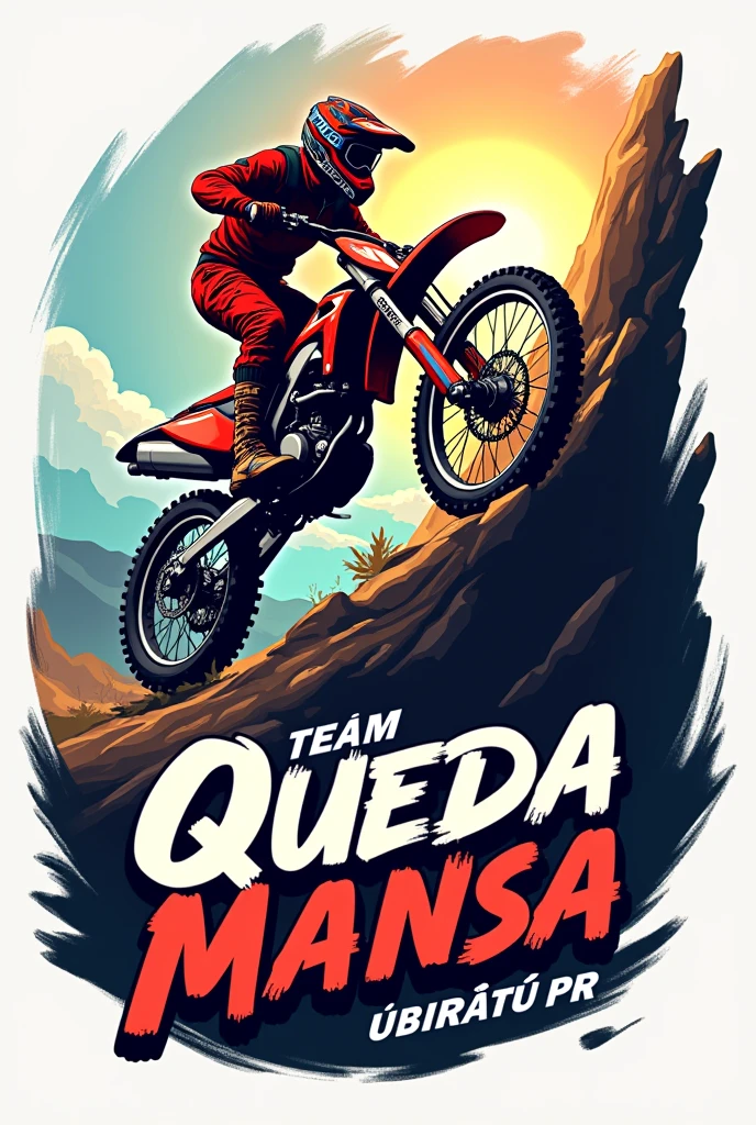Create a profile logo image for Instagram An image of a radical motorcycle trail rider on a red motorcycle climbing a very high hill With the name team queda mansa Ubiratã PR