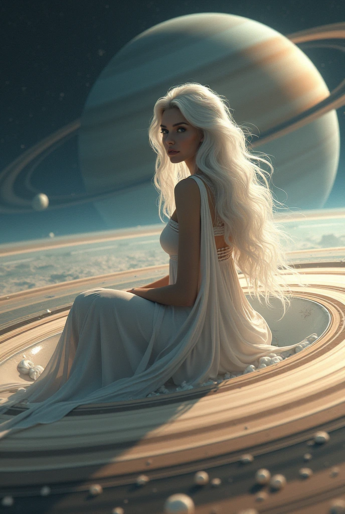 A woman with long white wavy hair,She will be sitting on Saturn's rings and wearing a very long white dress,I want the image to show from far away and it will be in space