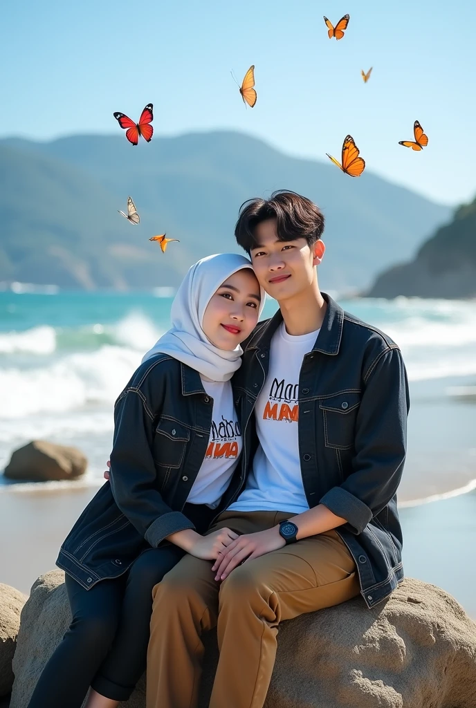 Stunning lakeside view under clear blue sky. A beautiful Korean girl, white, with a well-groomed face, with a blue hoodie, elegant, white jeans, and a handsome Korean man in a blue shirt and white jeans are sitting intimately. Looking at the camera, sparkling lake, lush trees, and mountains in the distance form the backdrop. The woman wears a blue hijab, and the man wears a cool black watch, colorful butterflies flying around him, adding a unique touch. The essence of happiness, fun and joy is captured in this picture.original photo,