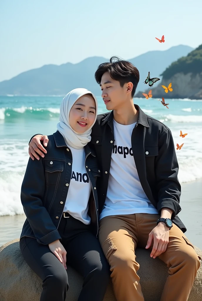 Stunning beach views under clear blue skies. Beautiful Korean girl, white, well-groomed face, thin smile, with black jeans jacket, white t-shirt with (mama) logo pattern, cargo pants, cool watch, and white Korean man, well-groomed face, with black jeans jacket, white t-shirt patterned with the (papa) logo, brown cargo pants sat intimately beside him. posing On the beach on a rock, waves crashing against the shore, and the mountains in the distance are the background. The woman wears a white hijab, and the man wears a cool black watch, colorful butterflies flying around him looking at the camera add a beautiful touch. . Realistic original photo.