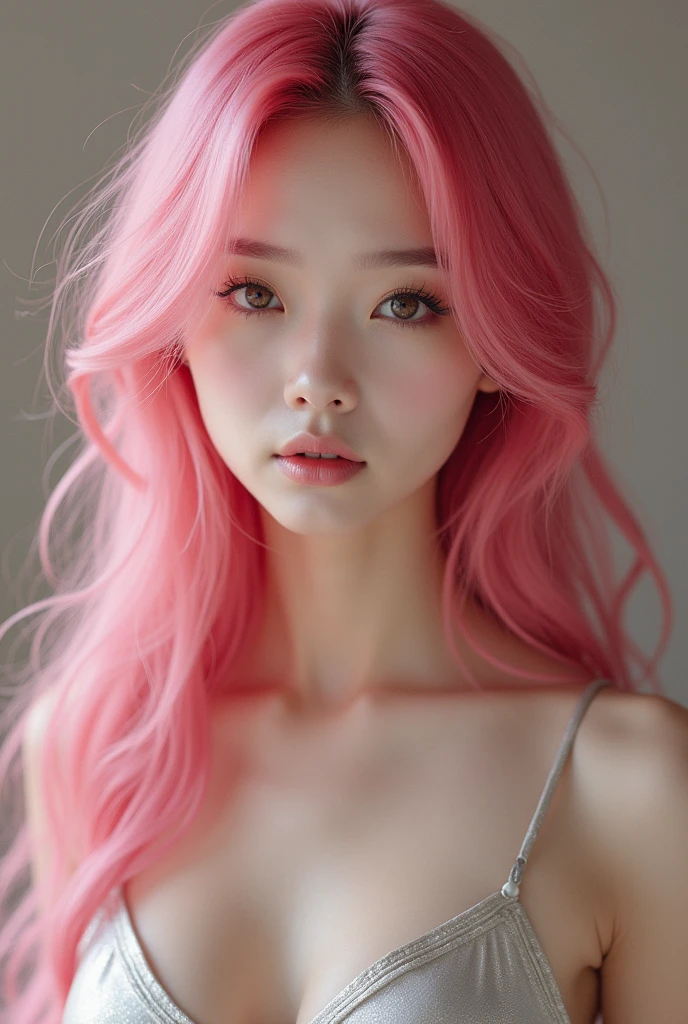 (Pink Hair :1.3),(masterpiece:1.3), (Photorealistic, RAW Photos, Highest quality: 1.4), Skinny Japanese woman, 30 years old, (One Girl), (A vivid face), Detailed face, Detailed eyes, (Long Hair:1.3), (Realistic Skin), (Silver Camisole), Ultra-high resolution, Surreal, High definition,