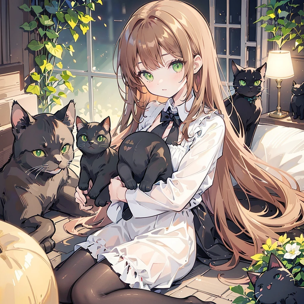 (2 cats:1.3), (2 animals:1.3), ((Black and brown cat)), ((Ginger green-eyed cat)), (Embrace:1.2), Wonderful atmosphere, Lovely atmosphere, Magic dust