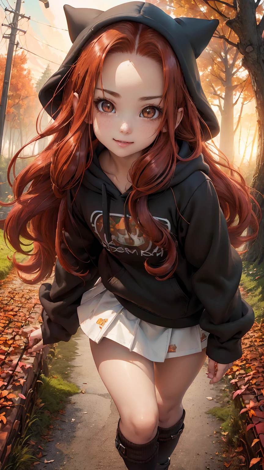 Young girl, (), (little body, small height), (petite girl: 1.35), (adorable face), (big forehead: 1.2), she has a long flowing hair, (red hair: 1.5), (long hair: 1.35), asian features, (brown eyes: 1.5), bright eyes, brown light eyes, (white skin: 1.35), beautiful detailed eyes, cute young girl, (flat chest: 1.35), (((wearing black skirt, a baggy black hoddie and Over-the-knee socks))), high quality clothes, high resolution, (detailed clothes), (loose hoddie: 1.35), (autumn forest, sunset, warm light background))), cute, daring girl, (detailed background), (full detailed 8k), (perfectly detailed face), (enhance anatomy), vfx, highres, sharp, focus, (photorealistic artwork: 1.35), (extremely detailed CG unity 8k wallpaper), (((vibrant colors, vibrant theme))), (dynamic pose: 1.5), cool vibes, fashion girl, happy, flirting expression, coquette, (playful attitude), smiling, happy, adorable small girl, joyful girl