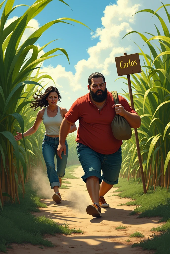 Create image of 2 people, one fat and one skinny, running in a cane field carrying a sack. With a sign that says you can Carlos
