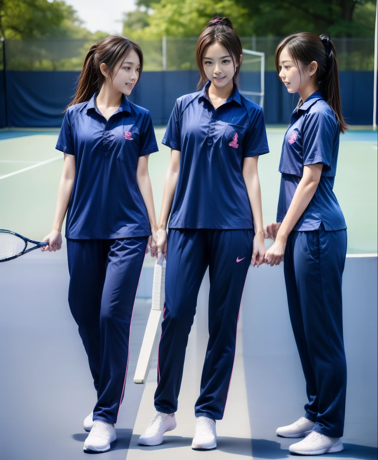 3 girls play tennis at tennis courts, Navy blue short-sleeved shirt,Navy Long Trackpant,Sweatpants, Sweatpantsขายาว,2 girl, lesbian, sexy, exercise clothes, wet body, exercise clothes