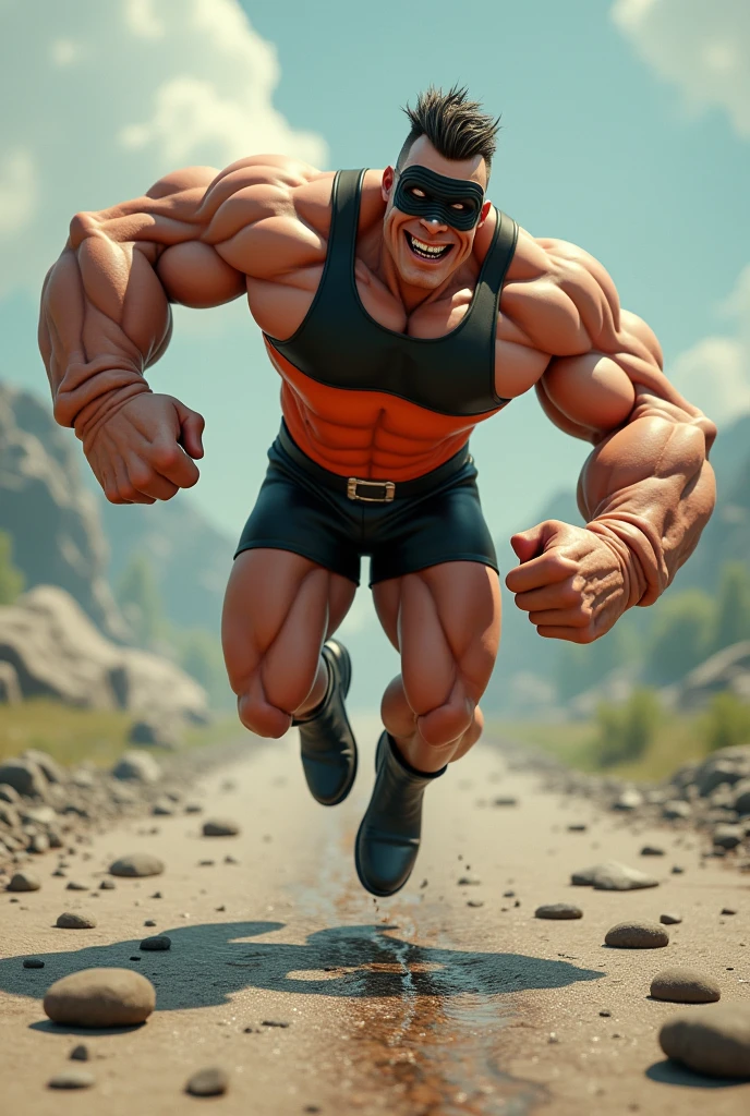 Malaysia man.mullet hairstyles .Man small thin bicep. popeye big forearm Wear domino black mask reverse. Wear black Oren jumpsuit singlet. Giant big forearm. Big fire arm. . One hand Punch the road cracking. Floating small rock.human Landing pose. Wear boots black.small bicep. Small tricep. One hand holing a car
