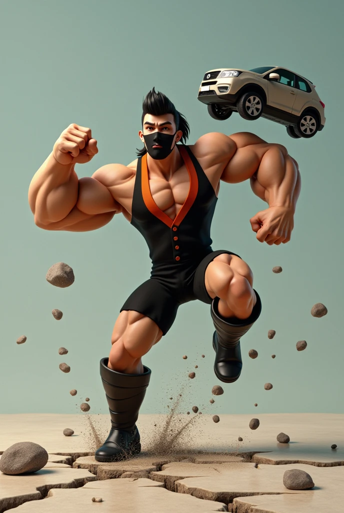 Malaysia man.mullet hairstyles .Man small thin bicep. popeye big forearm Wear domino black mask reverse. Wear black Oren jumpsuit singlet. Giant big forearm. Big fire arm. . One hand Punch the road cracking. Floating small rock.human Landing pose. Wear boots black.small bicep. Small tricep. One hand holing a car