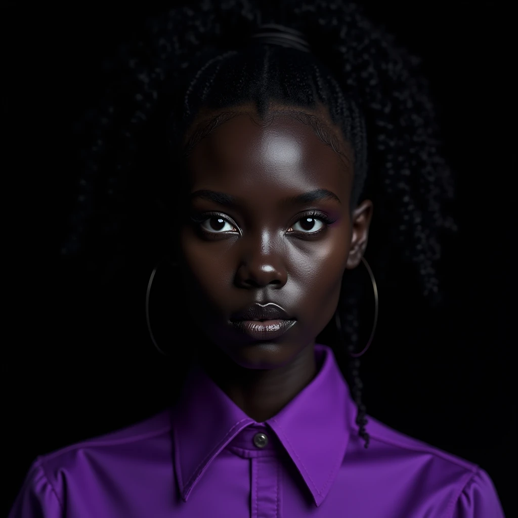 close-up of a woman, dark skin mulatto european appearance, Fractalpunk, curly hair pulled back on top, portrait shot, studio lighting, beautiful android woman, pitchblack skin, She is wearing a purple shirt, Black background, backlight from the left, drawing the left side of the face