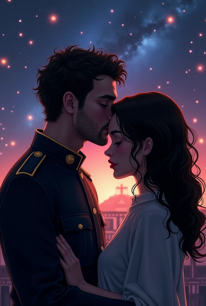 Imagine the silhouette of a couple, The man kisses his beloved's forehead, He has very little light curly hair,forehead indentations, military court, She is a dark-haired brunette. The background many colorful stars A message in Spanish that says: "good night, love. I miss you a lot. Fondly: linda, your wife"