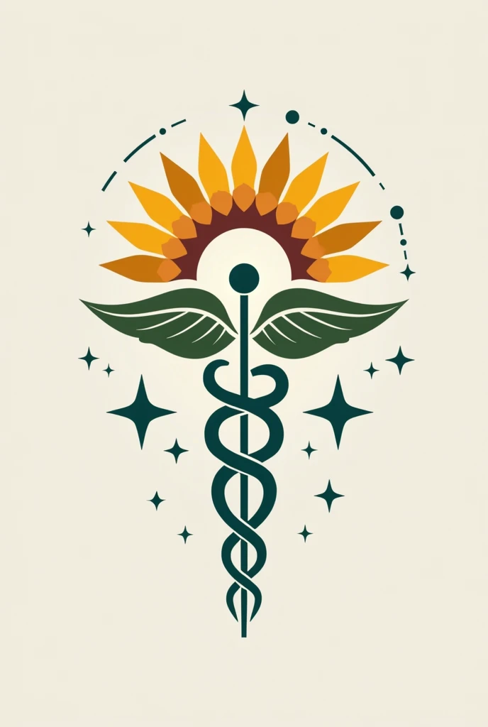 A logo for a medical clinic, mixing the symbol of Hermes' caduceus with sunflower, and the stars of the Southern Cross constellation. vector style, simple colors and shapes, simple strokes, solid colors.