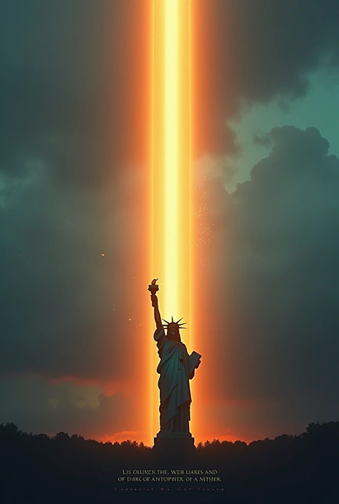 In the center of the picture is the outline of the goddess,But her torch was replaced by a light shining down from the sky.,This beam of light not only illuminates the goddess statue,It also illuminates the line of text below.:“In Memory of 9/11”。Background is gradient orange and blue,Imitation of the sunrise,Meaning that even after darkness,Light and hope will always come。