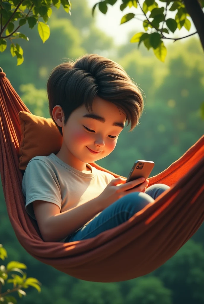 Young man with big head with cell phone lying in hammock