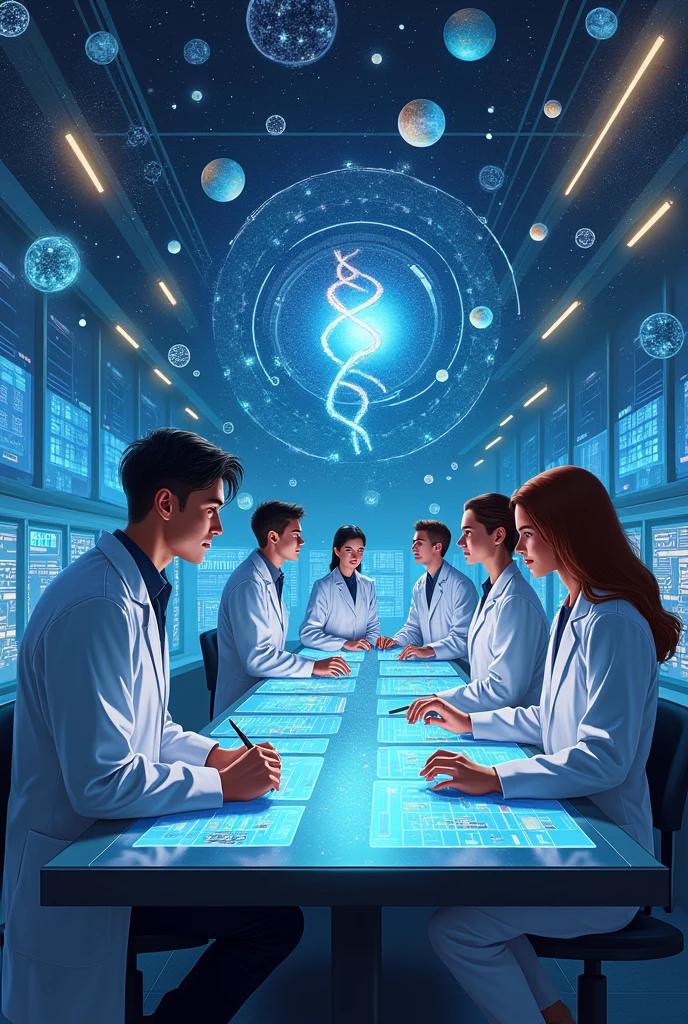 "An artistic representation of science, featuring a diverse group of scientists working together in a futuristic laboratory. The scene includes advanced technology, like holographic displays showing molecular structures and cosmic phenomena. Around them, symbols of science such as DNA strands, planets, and chemical formulas are visible, conveying the exploration of the universe's mysteries through the scientific method. The overall tone is vibrant and inspiring, emphasizing the collaboration and curiosity driving scientific discovery."