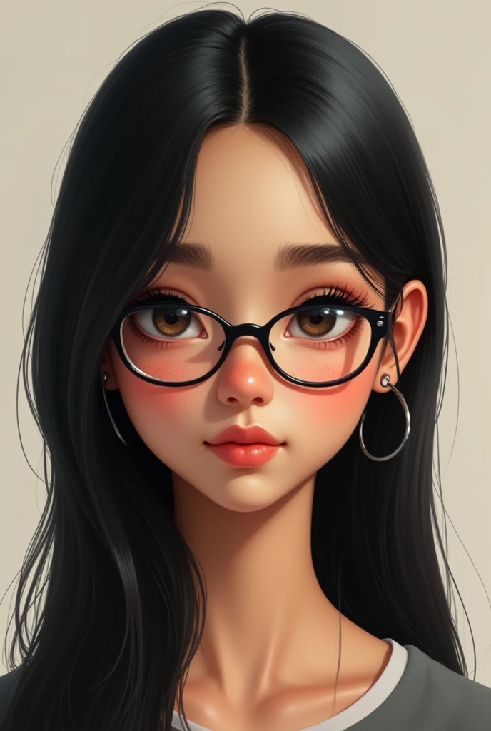 Create a portrait of a 1 ager, not animated, person, women, latina, with long straight black hair, long forelock, black reading glasses, small, slanted eyes, dark coffee colour, Wide nose, White skin, freckles that are not very noticeable, dark circles that are not very noticeable, oval but chubby face, blushed cheeks and nose and a small mole above the lips, small, round, pink lips, long, thin black eyebrows, long and straight eyelashes, neck not so long, without earrings