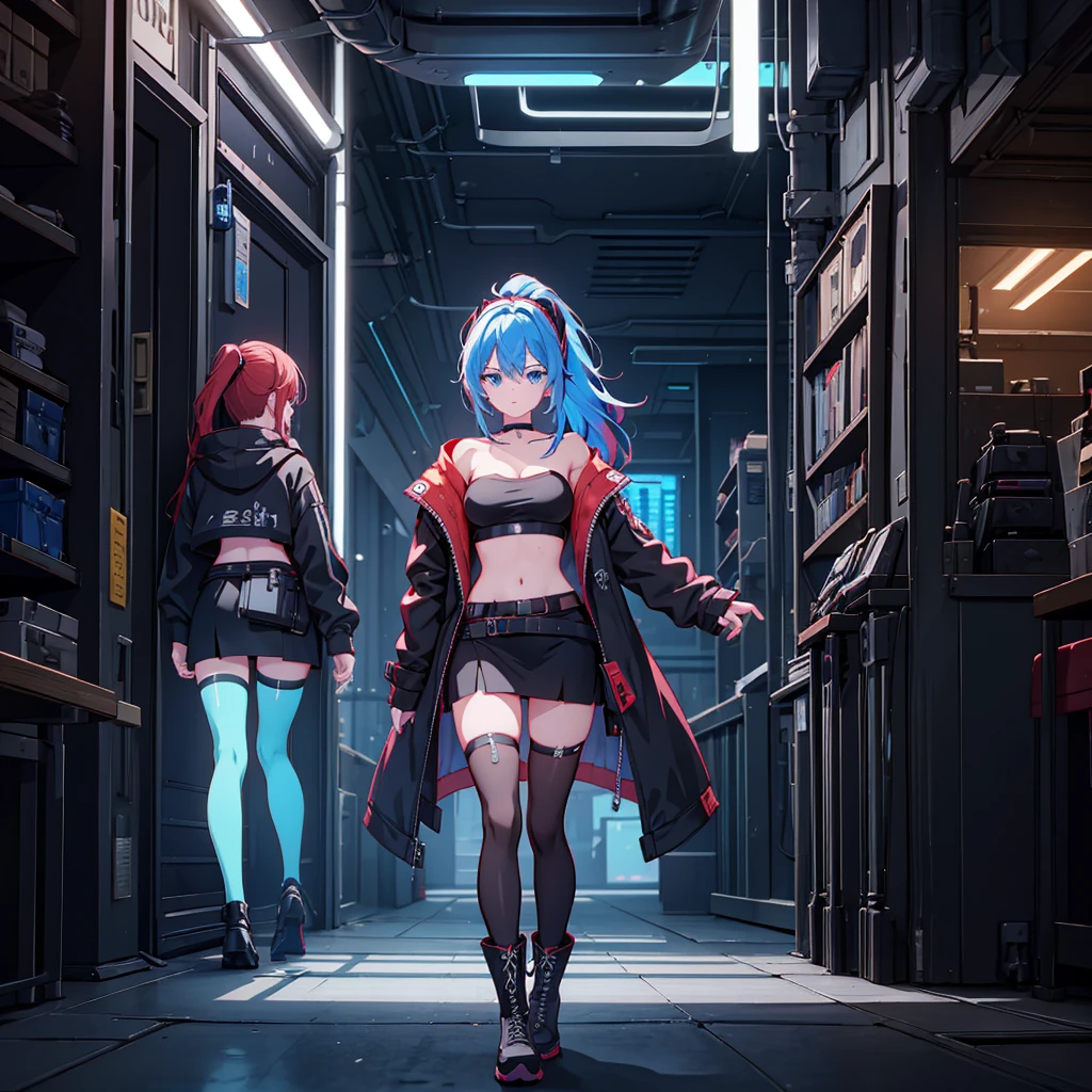 1girl, solo, long hair, breasts, looking at viewer, bangs, blue eyes, skirt, large breasts, thighhighs, long sleeves, navel, cleavage, hair between eyes, closed mouth, underwear, blue hair, standing, collarbone, panties, full body, ponytail, red hair, multicolored hair, boots, open clothes, shoes, choker, midriff, belt, black thighhighs, indoors, miniskirt, black skirt, stomach, black footwear, two-tone hair, streaked hair, coat, crop top, v-shaped eyebrows, thigh strap, ass visible through thighs, black choker, pantyshot, pencil skirt, black belt, open coat, black coat, taut clothes, tube top, with the word "Kali Linux" written on her outfit, servers and computers are visible in the background in a cyberpunk-style environment, featuring neon lights, futuristic buildings, and a high-tech urban atmosphere.
