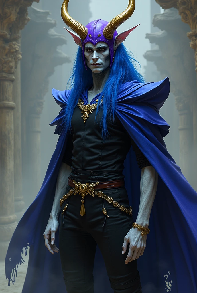 Black face blue hair , golden horns , purple helmets white skin black shirt black pants with blue and black cape