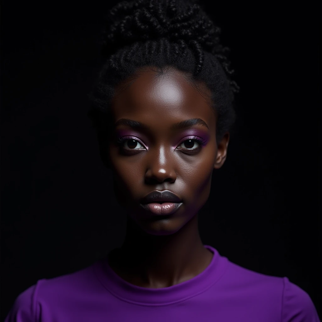 close-up of a woman, dark skin mulatto european appearance, Fractalpunk, curly hair pulled back on top, portrait shot, studio lighting, beautiful android woman, pitchblack skin, She is wearing a purple shirt, Black background, backlight from the left, drawing the left side of the face, realistic skin texture, looks straight
