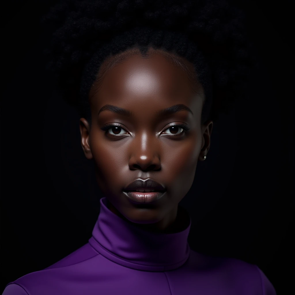 close-up of a woman, dark skin mulatto european appearance, Fractalpunk, curly hair pulled back on top, portrait shot, studio lighting, beautiful android woman, pitchblack skin, She is wearing a purple shirt, Black background, backlight from the left, drawing the left side of the face, realistic skin texture, looks straight