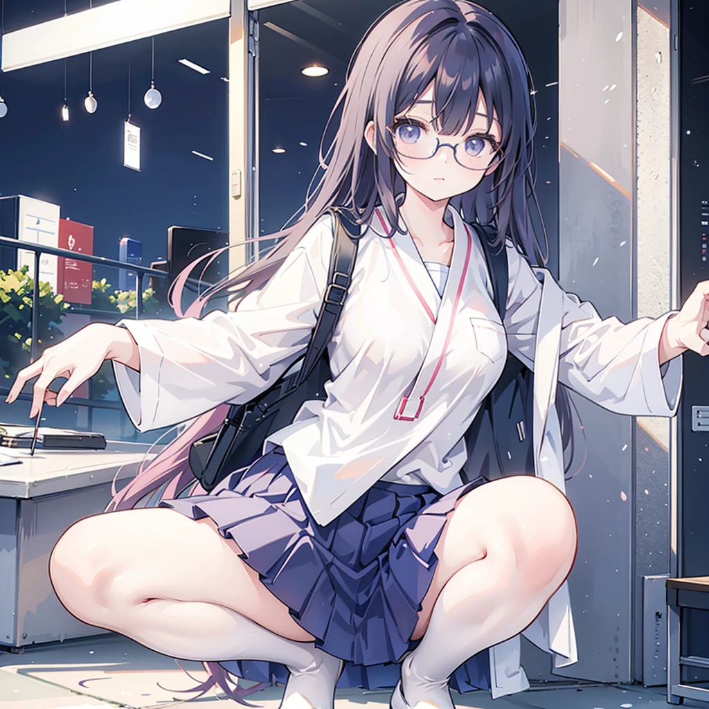 Beautiful Japanese woman in golf clothes, Real People, Detailed body, Squat, Live Recording, Glasses, Skirt flip, Office female staff