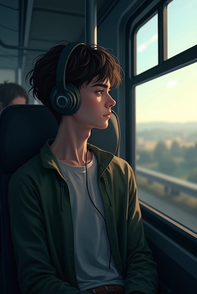 A young man listening to music on a bus in the left seat, close-up side view looking out the window at the horizon