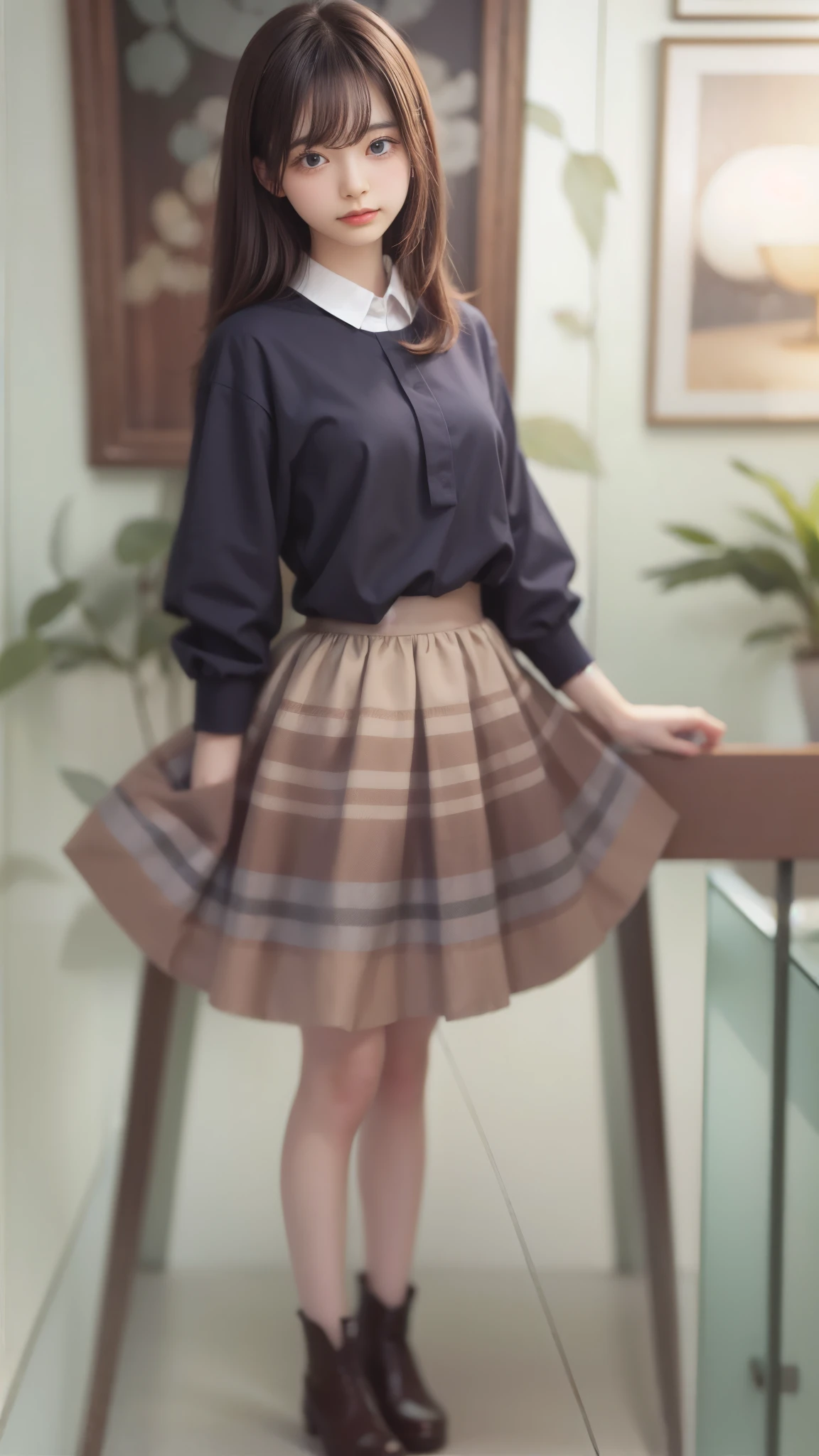 masterpiece , Highest quality , Very detailed , 1 person, ((Contrasting Eyes)) , Are standing , blouse, skirt , bangs , room , indoor