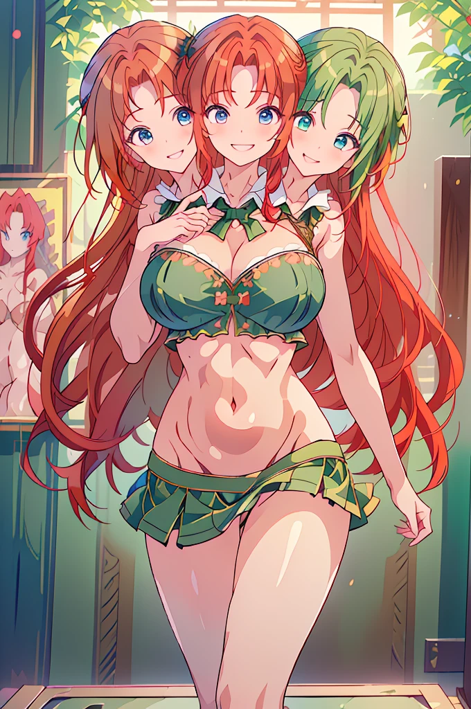 (masterpiece, best quality),best quality, (ultra-detailed), (3heads:1.5), 1girl, (ultra-detailed), (3heads:1.5), 1girl, (hong meiling:1.3), masterpiece, (best quality:1.5, highres, UHD), highres, absurdo, ultra detail, ultra quality, Ultra resolution, green top, crop top, ((stomach)), midriff, ((groin)), green skirt, miniskirt, normal ears, shackles, (red hair:1.5), (redhead:1.5), very long hair, wavy hair, sidelocks, blue eyes, parted lips, midriff, (smiling:1.5), soft smile, grin, cute, toned belly, hand on own chest, eyelashes, (2 woman:1.3), (masterpiece:1.5), (best quality:1.5), (beautiful detailed), extremely detailed CG, extremely delicate and beautiful, depth of field, (finely detailed face), (perfect details:1.2), (mature female:1.3), wide pelvis, slender, large veiny breast, 16k resolution, high quality, high definition, extremely detailed, masterpiece, (red hair), long hair, (same hair color:1.5), alluring presence, twin braid, short skirt, close up, very big breasts, huge breasts, young, striped, (wearing a green beret:1.5), hair ornament, chinese clothes, star hat ornament, open belly, nsfw, girl with three heads, three headed girl,
