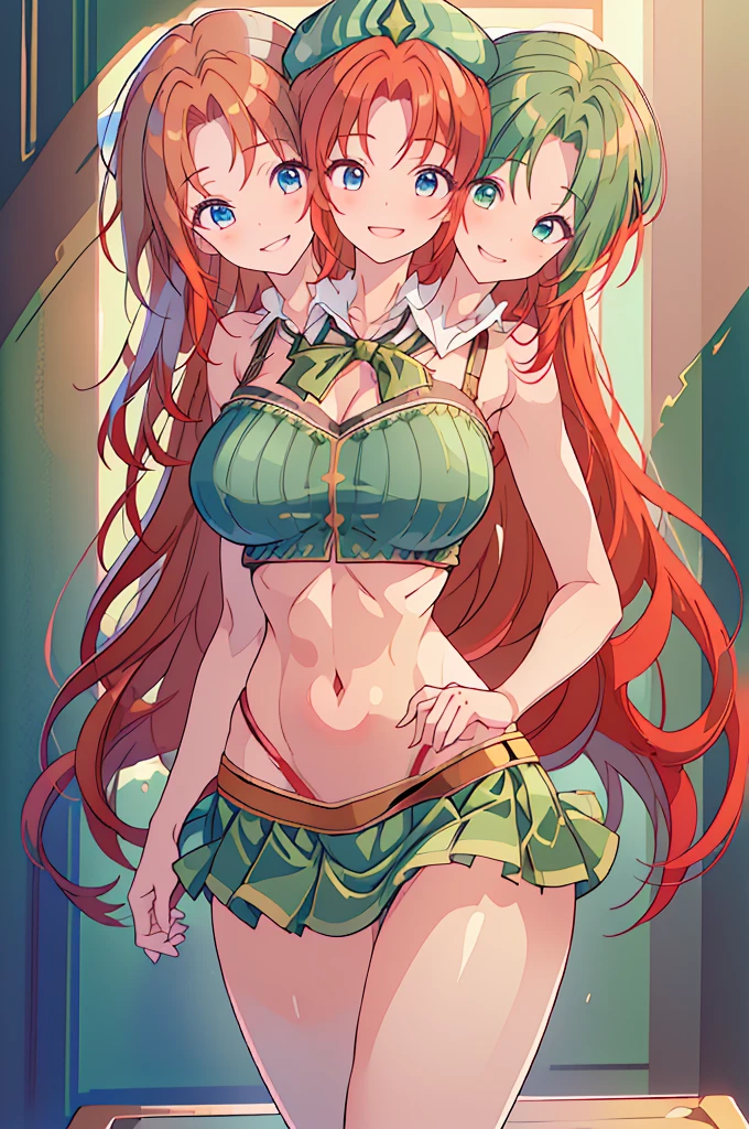 (masterpiece, best quality),best quality, (ultra-detailed), (3heads:1.5), 1girl, (ultra-detailed), (3heads:1.5), 1girl, (hong meiling:1.3), masterpiece, (best quality:1.5, highres, UHD), highres, absurdo, ultra detail, ultra quality, Ultra resolution, green top, crop top, ((stomach)), midriff, ((groin)), green skirt, miniskirt, normal ears, shackles, (red hair:1.5), (redhead:1.5), very long hair, wavy hair, sidelocks, blue eyes, parted lips, midriff, (smiling:1.5), soft smile, grin, cute, toned belly, hand on own chest, eyelashes, (2 woman:1.3), (masterpiece:1.5), (best quality:1.5), (beautiful detailed), extremely detailed CG, extremely delicate and beautiful, depth of field, (finely detailed face), (perfect details:1.2), (mature female:1.3), wide pelvis, slender, large veiny breast, 16k resolution, high quality, high definition, extremely detailed, masterpiece, (red hair), long hair, (same hair color:1.5), alluring presence, twin braid, short skirt, close up, very big breasts, huge breasts, young, striped, (wearing a green beret:1.5), hair ornament, chinese clothes, star hat ornament, open belly, nsfw, girl with three heads, three headed girl,