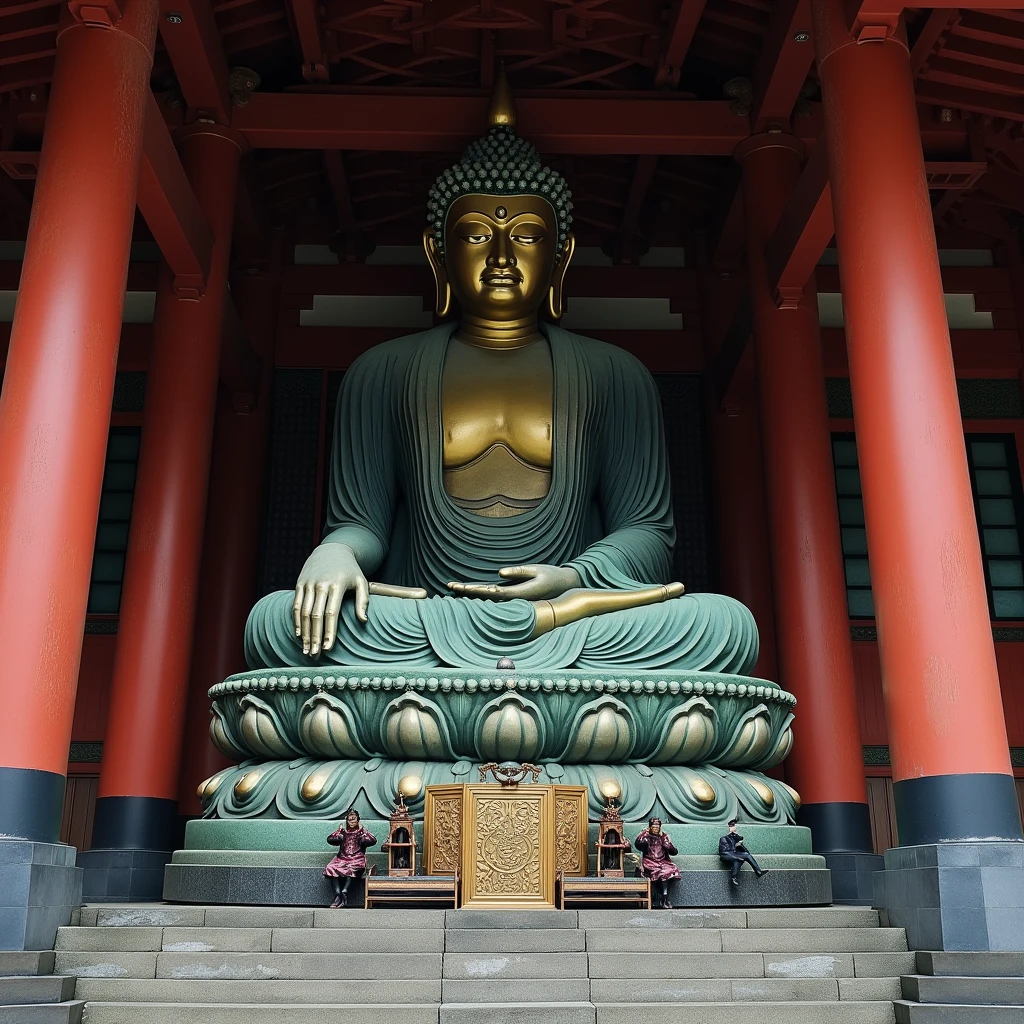 buddhist temple, a huge Buddha Statue is sitting and looking down in todaiji, nara, japan,