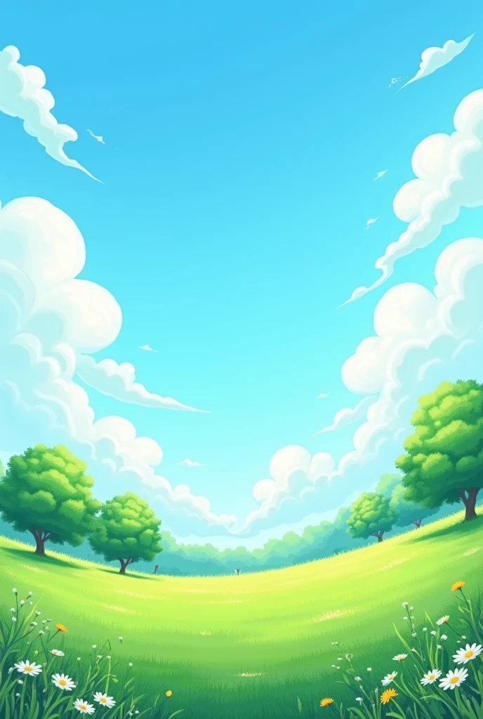 Presentation background with trees and a field with decorated space to write titles, Create cloud-shaped decoration to put text on and make it manga style