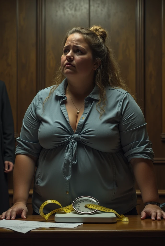 Image of a weight scale, tape measure and a young woman, overweight sad and crying, being tried in the court of justice