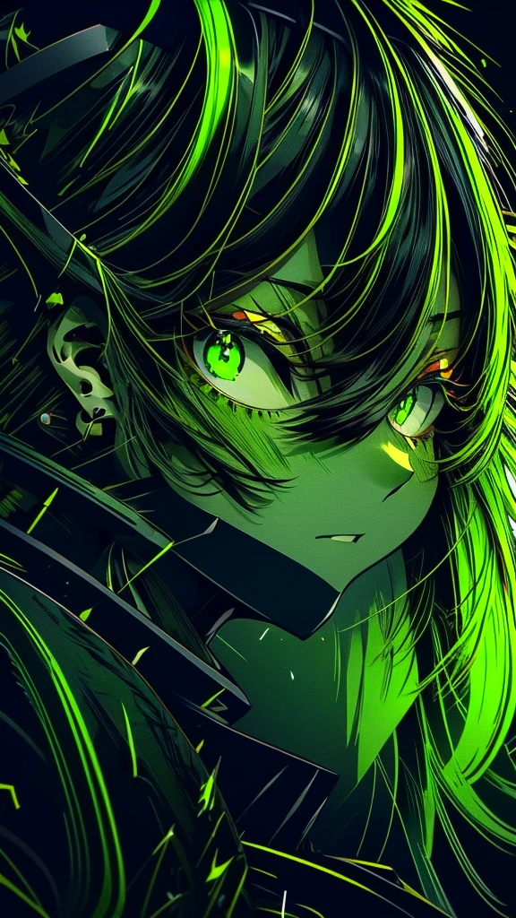 anime girl with green eyes and a black hat and green dress, dark green and black, black and green, Gothic Maiden Anime, From Arknights, green and black, Gwaiz, dark green tones, Stylish Dark Witch, with green skin, dark deep green, 悲しそうなgreenい目, ((green)), Cobalt coloring, dark green eyes