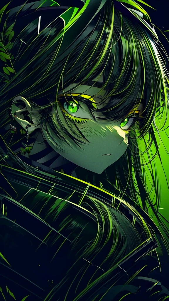 anime girl with green eyes and a black hat and green dress, dark green and black, black and green, Gothic Maiden Anime, From Arknights, green and black, Gwaiz, dark green tones, Stylish Dark Witch, with green skin, dark deep green, 悲しそうなgreenい目, ((green)), Cobalt coloring, dark green eyes

